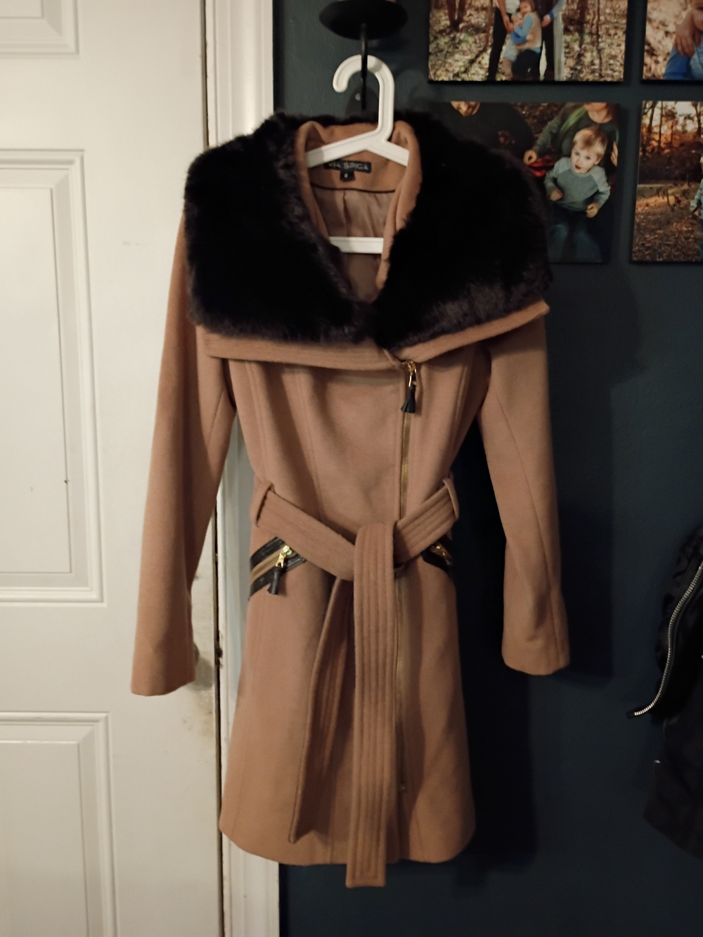 Via Spiga Camel Wool-Blend Coat with Faux Fur Collar Size 6